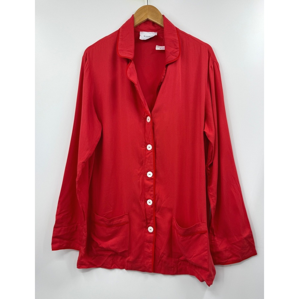Sleeper Red Viscose Button Up Pajama Shirt Top XL‎ Long Sleeve Pockets Piping